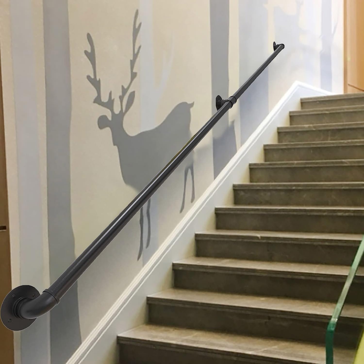 MObyat Stair Banister Handrail for Indoor Outdoor Steps, Stair Railing Hand Rail Corridor Support Rod, Black Metal Wrought Iron Elderly Kids Safety Outside Staircase Handrails/3Ft/0.9M