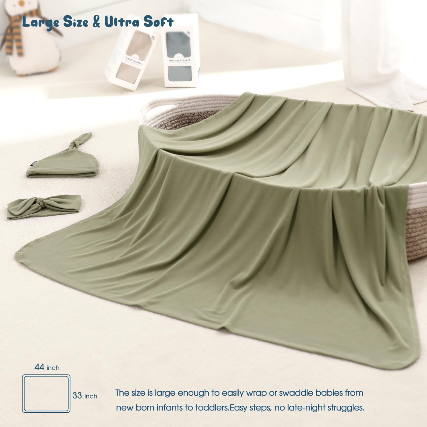 GRSSDER Newborn Swaddle Blanket, Ultra Soft Jersey Receiving Blanket with Matching Headband and Beanie Set 33×44", Stretchy Baby Neutral Swaddle Wrap for Girls and Boys - Image 2