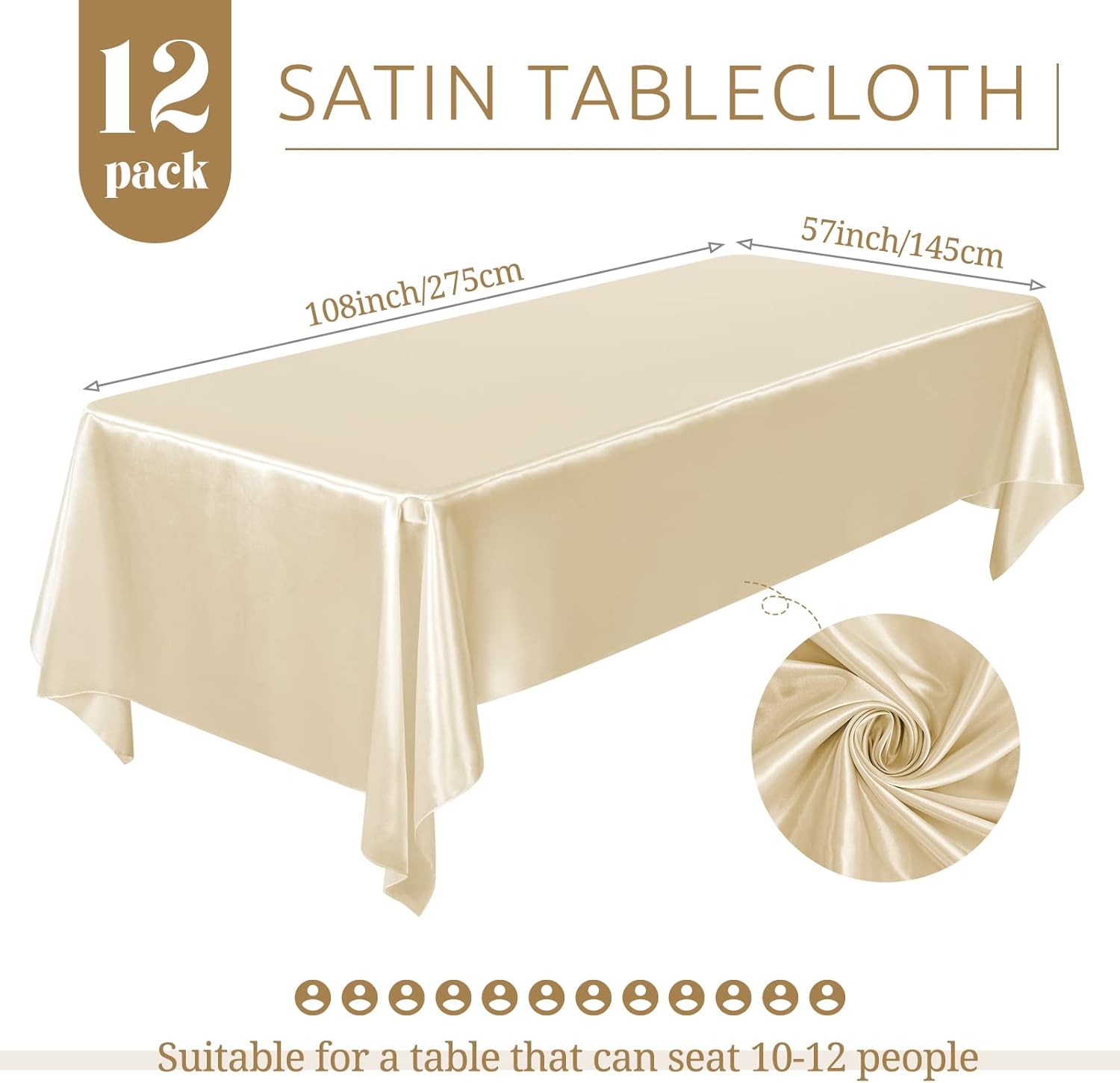 12 Pack Champagne Satin Tablecloth, 57 x 108 Inch Silky Satin Table Cloth, Rectangle Bright Silk Tablecloth Smooth Fabric Table Covers Overlay Silky Table Decoration for Wedding Party Banquet Birthday