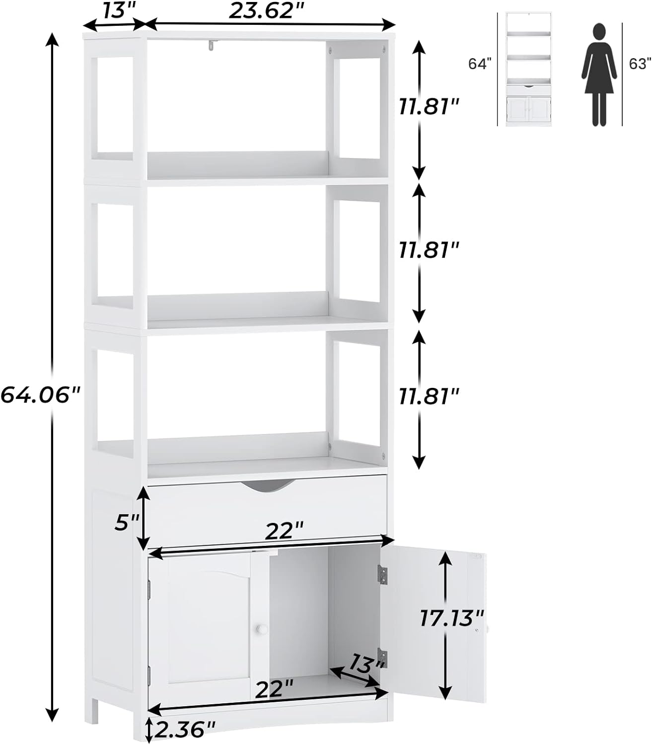 DICTAC Kitchen Pantry Storage Cabinets Freestanding Tall Bathroom Cabinet with Shelves and Drawer 64''H Sideboard Microwave Space Cupboard Organizer for Home Office,White, 23.62x13x64.06inch | Freestanding, Tall, with Shelves, and Drawer, with Microwave Space