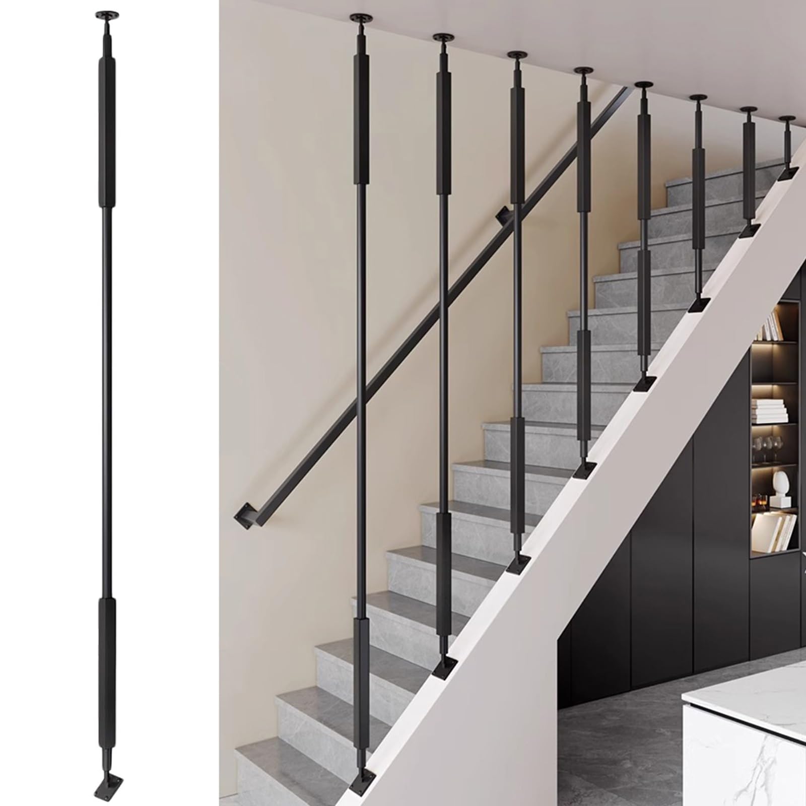 Rampe d'escalier noire en métal réglable en hauteur pour mezzanine moderne