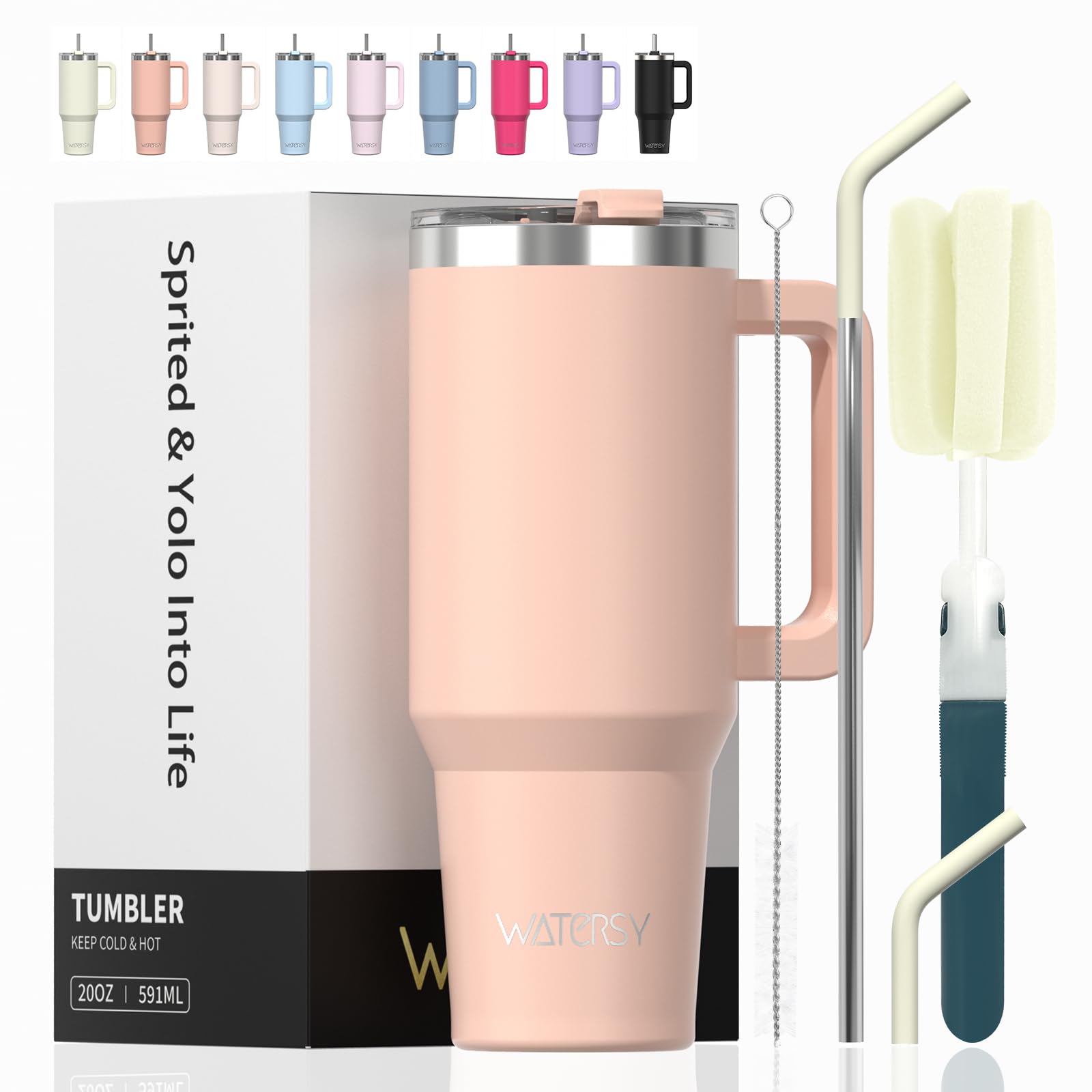 WATERSY Travel Mug Coffee Cup 20oz Tumbler Straw Lid and Handle