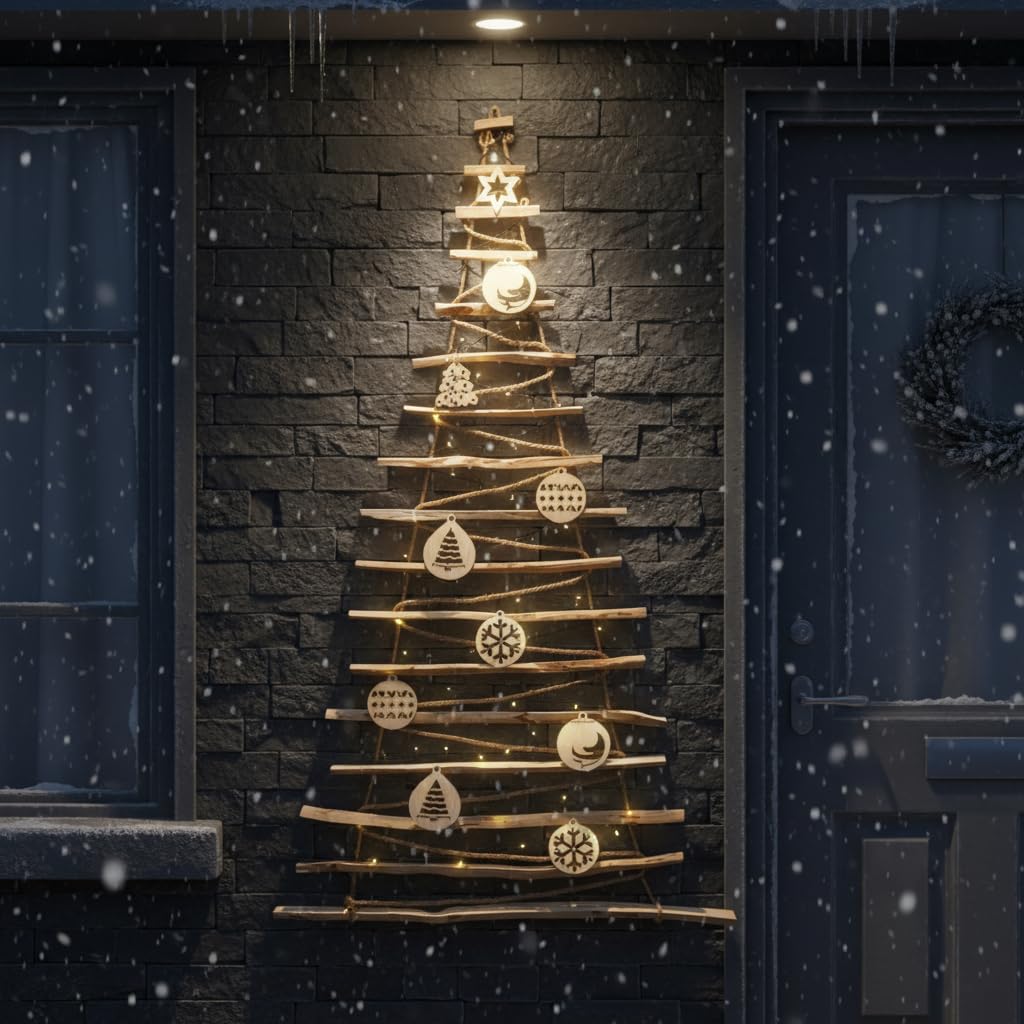 BOGATECO Albero di Natale fatto a mano, con decorazioni, 195 cm, con LED da 230 V, in legno di nocciola, ciondolo decorativo, pannelli di legno collegati a una corda di iuta con uno spessore di 6 mm