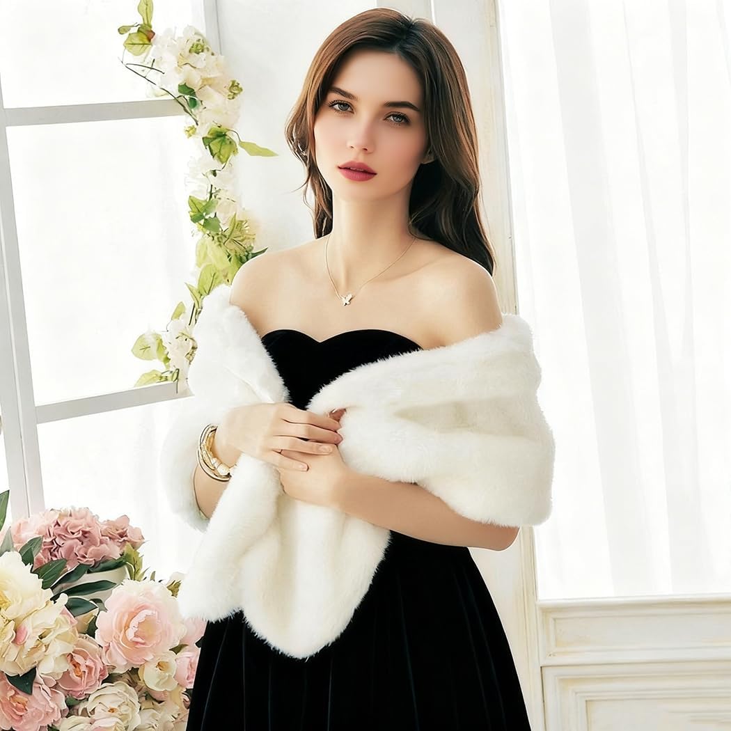 Bounzhi Women 's Wedding Faux Fur Shawl Wraps Bridal Wedding Scarf Stoles Faux Fur with brooch for Bride and Bridesmaids - Image 5