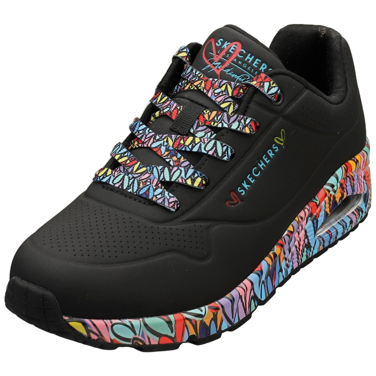 Skechers Women's Uno Ravaged Love Sneaker, Black Duraleather/Multi Trim, 4 UK