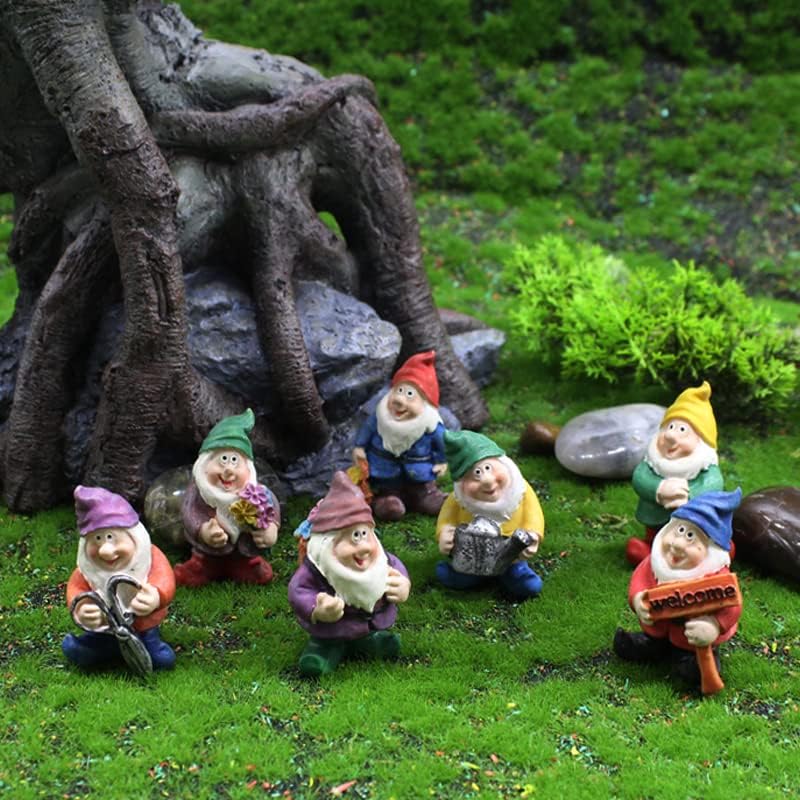 Miniatura 9 de Juego de 7 piezas de gnomos de jardín en miniatura, mini estatuas de gnomo de resina de jardín, kit de accesorios de jardín, juego de adornos de