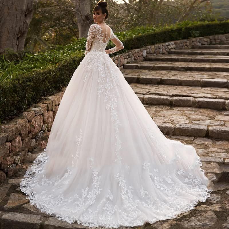 Women's Long Boho Beach Wedding Dresses for Wedding Lace Applique Tulle A Line Bridal Gowns with Sleeve HD9043