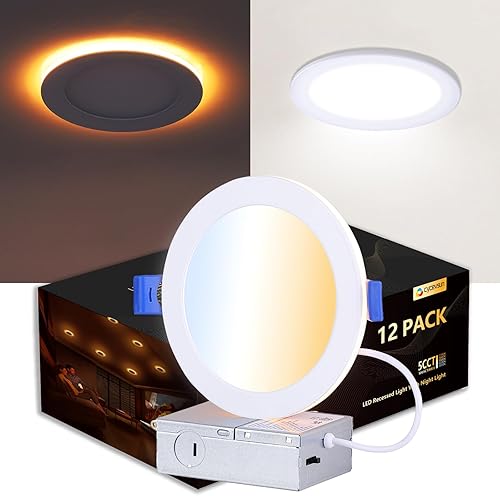 Paquete de 12 luces LED empotrables de 6 pulgadas con luz nocturna, maceta de oblea ultrafina sin lata, regulable y temperatura de 5 colores