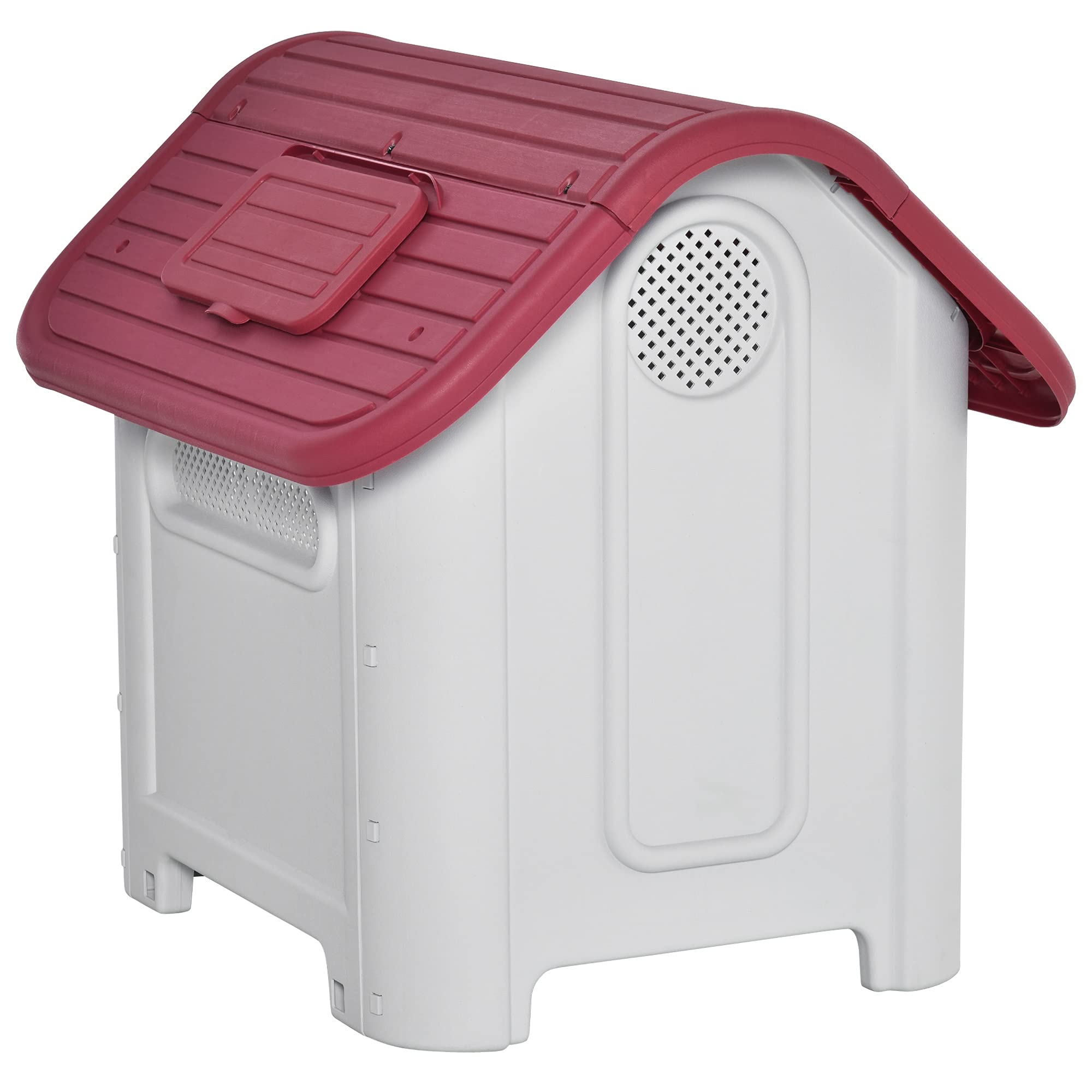 PawHut Caseta para Perro con Puerta Extraíble Base Elevada 3 Respiraderos y Ventana Abrible Caseta de Perros para Interior y Exterior 59x75x66 cm Gris Rojo