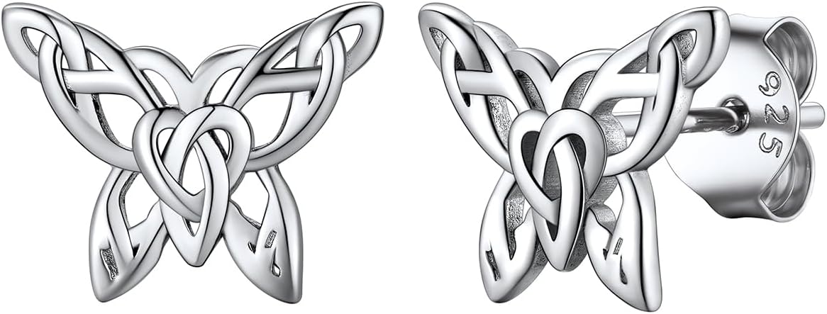 925 Sterling Silver Stud Earrings, Dainty Simple Butterfly Stud Earrings Celtic Knot Cubic Zirconia Opal Dangle Silver Earrings, White Gold/Gold Plated Earrings for Women