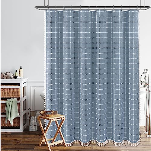 Image of BTTN Blue Boho Farmhouse Linen Thick Water Repellent Shower Curtain, 72x72 | Heavy Duty Fabric, 12 Plastic Hooks, Three-sided Tassels, Bohemian Country, Machine Washable, Wrinkle Free, Bathroom Decor