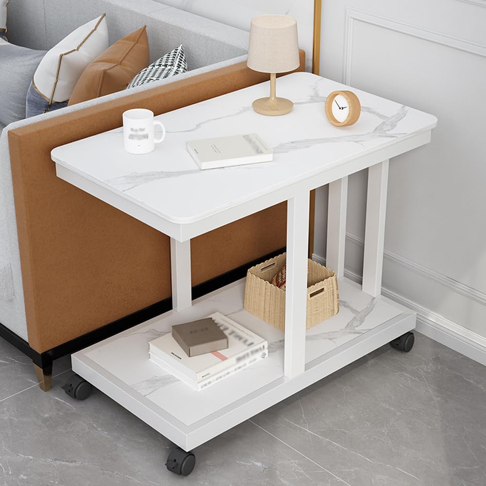 SXZenSpace C-Shaped Side Table with Wheels Rolling,2-Tier Modern Snack End Metal Frame,Couch Tables That Slide under for Living Room,white frame white