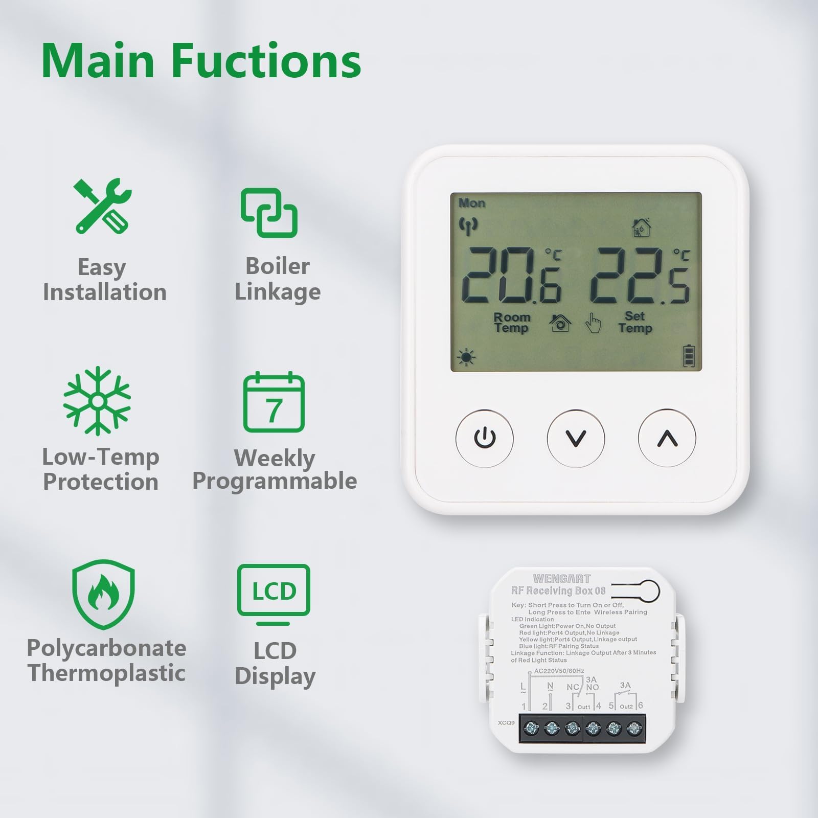 Wengart Thermostat et récepteur sans Fil WG01RF, écran LCD programmable, Compatible avec Les chaudières à gaz et Les systèmes de Chauffage au Sol Radiant (Blanc)