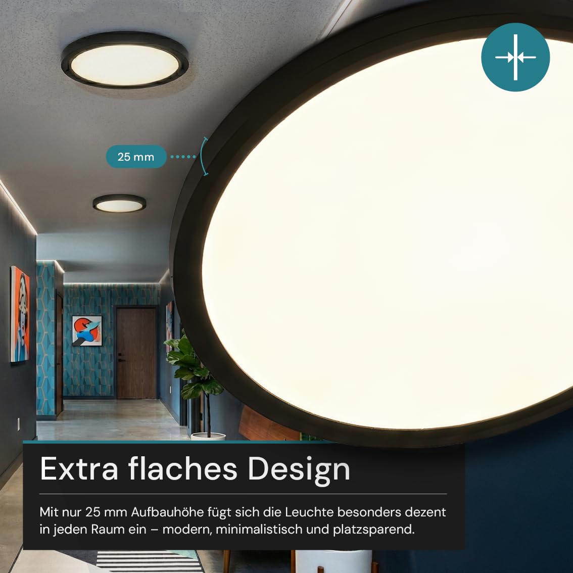 LUXULA 2 Stück LED Deckenleuchte flach Ø50cm, Schwarz, 22W 2200lm, CCT