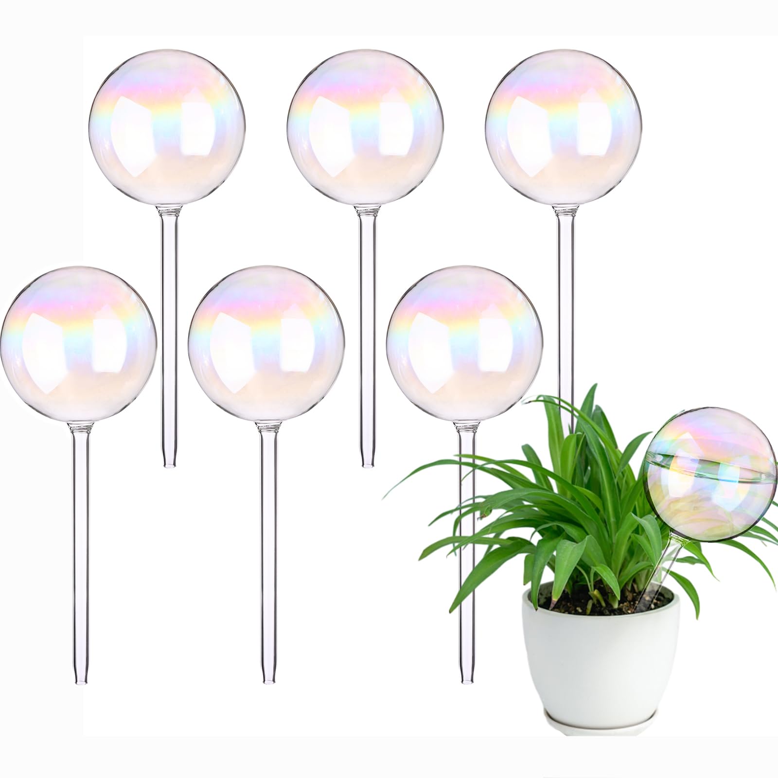 Beautywen 6PCS Iridescent Plant Watering Globes Plant Watering Bulbs Colorful Round Shape Self Watering Devices Iridescent Glass Self-Watering Globes Spikes for Indoor and Outdoor Plants