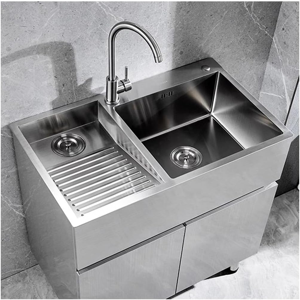 Bathroom Sinks Large 304 Stainless Steel Laundry Sink Single Bowl Kitchen Sink With Washboard Laundry Sink With Big Bend Faucet And Drainage Component (Color : Silver, Size : 80x48x21cm)