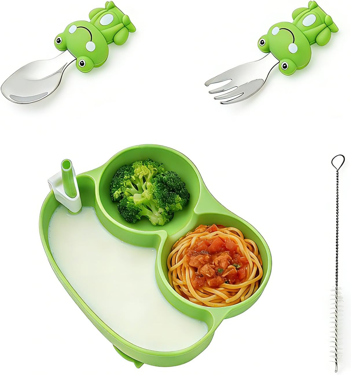 4-Piece Silicone Baby Feeding Set – Baby Plates with Strong Suction, Toddler Plates Set, Unbreakable Food-Grade Silicone Divided Plate with Spoon, Fork & Straw Brush