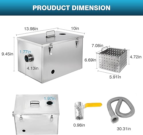 Miniatura 10 de IRONWALLS Interceptor de grasa comercial de entrada superior de 8 libras, trampa de grasa de acero inoxidable de 4 galones, trampa de grasa debajo