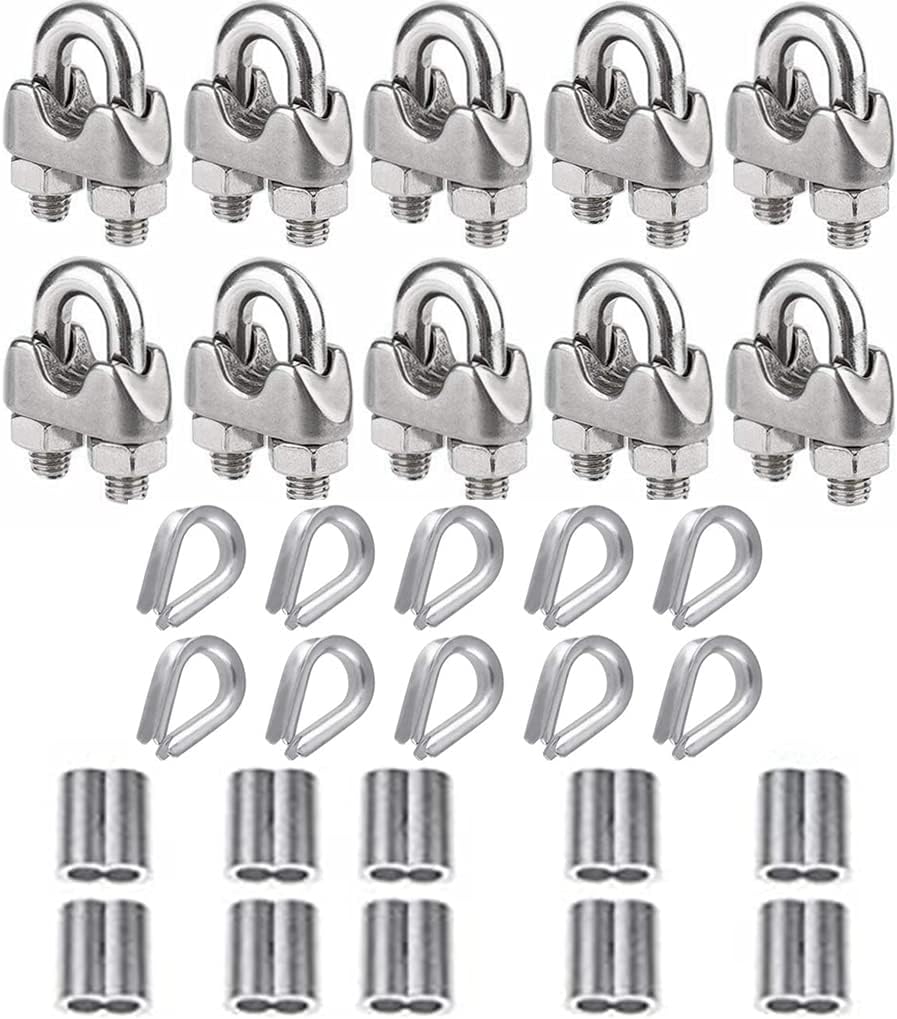 30Pcs Wire Rope Clip Cable Clamp, M3 Wire Rope Grips U Bolts Saddle Fasteners with 10 Aluminum Crimping Sleeves and 10 Wire Rope Thimble for Rigging Rope and tension cable Garden Tension Wire Ropes