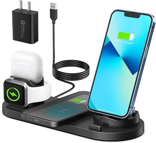 Atrden Estación de carga inalámbrica multifunción 6 en 1 cargador inalámbrico rápido de 15 W para iPhone 14131211 Series iWatch 76543 AirPods y