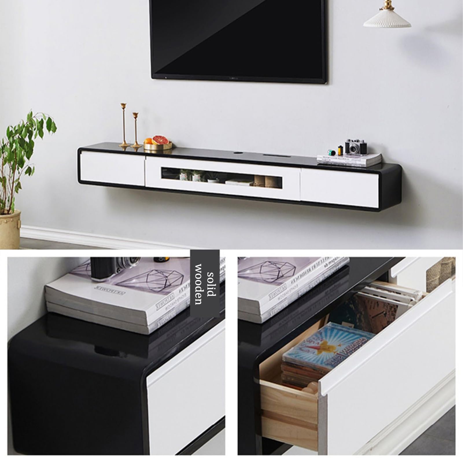Schwebende TV-Konsole, Wandhalterung, Media-Center, moderner Entertainment-Ständer mit Ablagen für Wohnzimmer (schwarz, 160 cm)