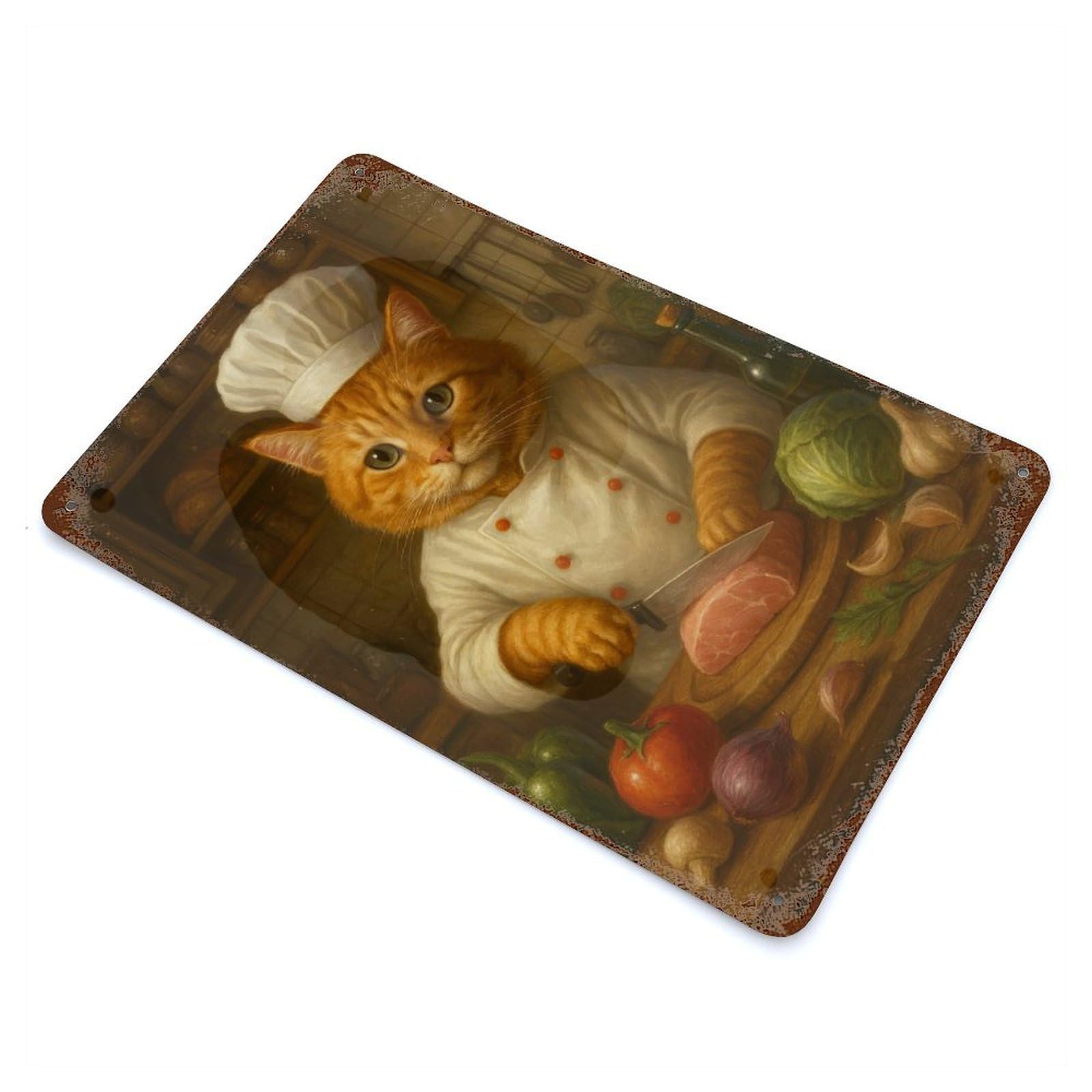 Decorative Tin Sign Cat Chef Preparing Meal 11.8"x7.9", Vintage Wall Decor for Pub, Kitchen And Man Cave Decor