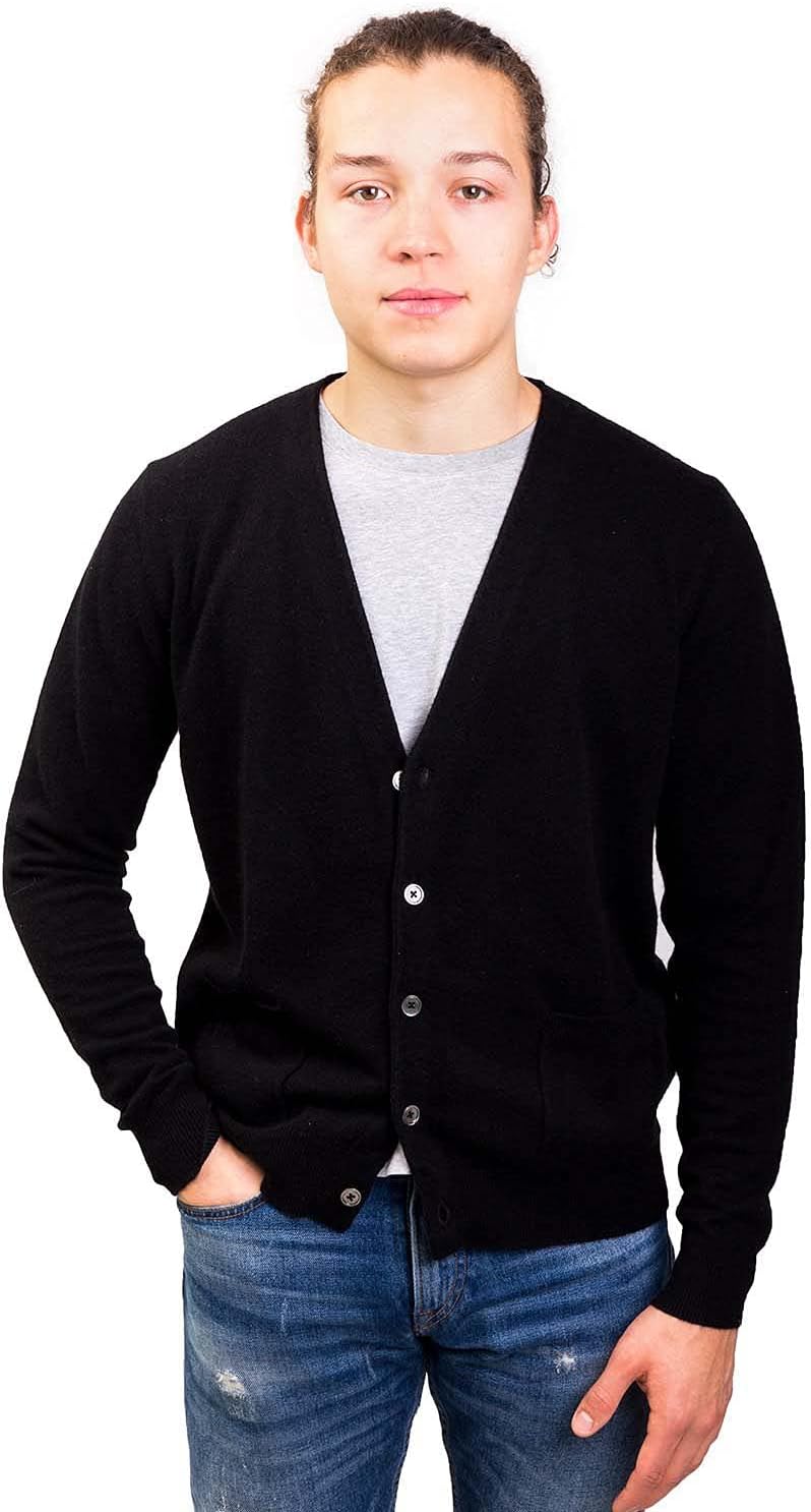Men’s Buttons Cardigan – Pure Cashmere Long Sleeve Front Pocket Jacket Hand-Knitted V-Neck Sweater