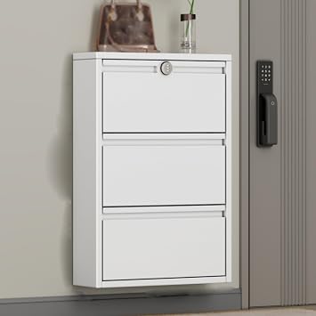 Lockable Metal Wall Mounted Shoe Cabinet, Freestanding Tipping Shoe Rack Organizer, No assembly required,Narrow Shoe Cabinet Storage Flip Shoe Rack 3 Tier Shoe Cabinet for Home and ApartmentWhite,65.