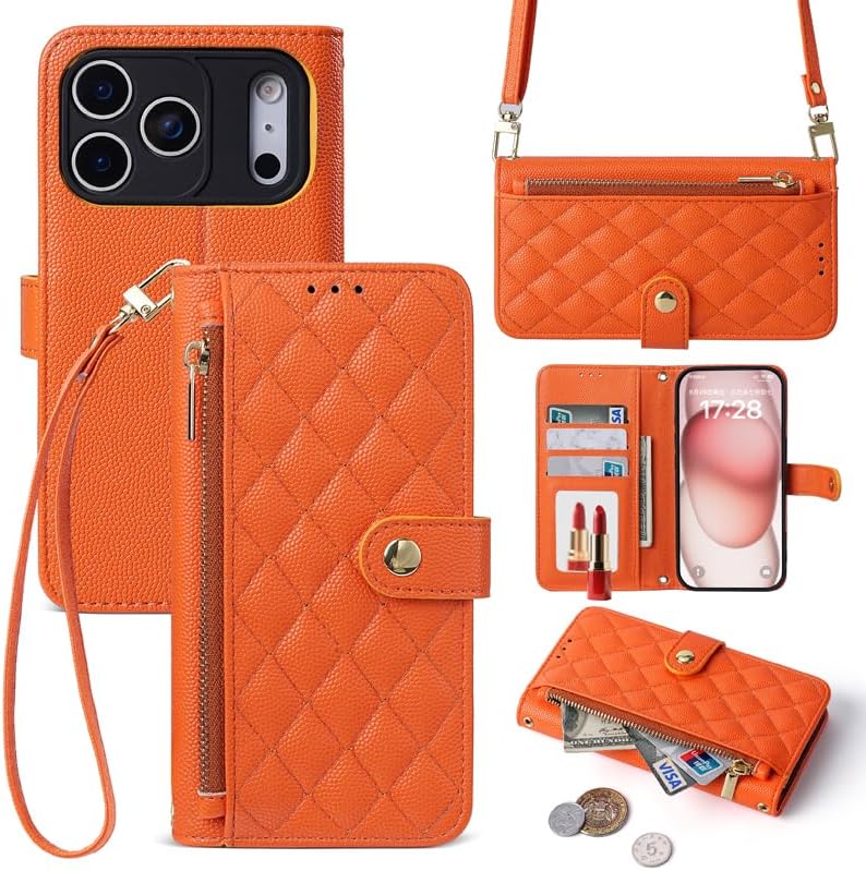 Designed for for Google Pixel 10a Luxury Quilted Leather Crossbody Wallet Case with Card Slots Zipper Pocket Mirror Kickstand and Wristlet/Shoulder Strap - Orange