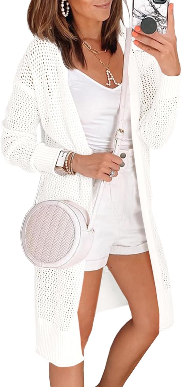 Saodimallsu Womens Crochet Lightweight Cardigans Casual Summer Open Front Boho Knit Long Sleeve Kimonos