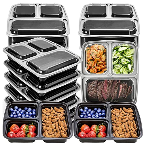 MORDEN MS Meal Prep Container With Lids, 50 Pack 3 Compartment Reusable Food Storage Container Divided Plastic Bento Box Lunch Box To-go Boxes(33oz)