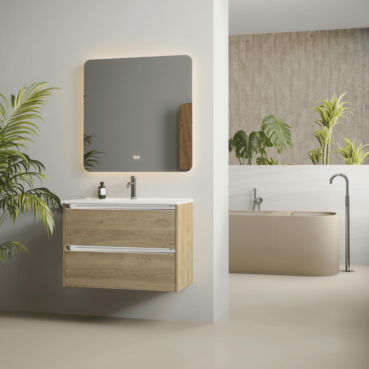 Mueble de Baño Suspendido con Lavabo Cerámico| Mueble Volado 2 Cajones con Tirador | 100 cm Roble Natural Tirador Cromo