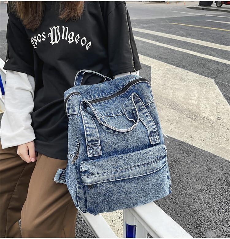 Vintage Denim Backpack Casual Style Daypack Shoulder Bag Rucksack Classic Jeans Backpacks Lightweight Handbag Purse (Blue) - Image 4