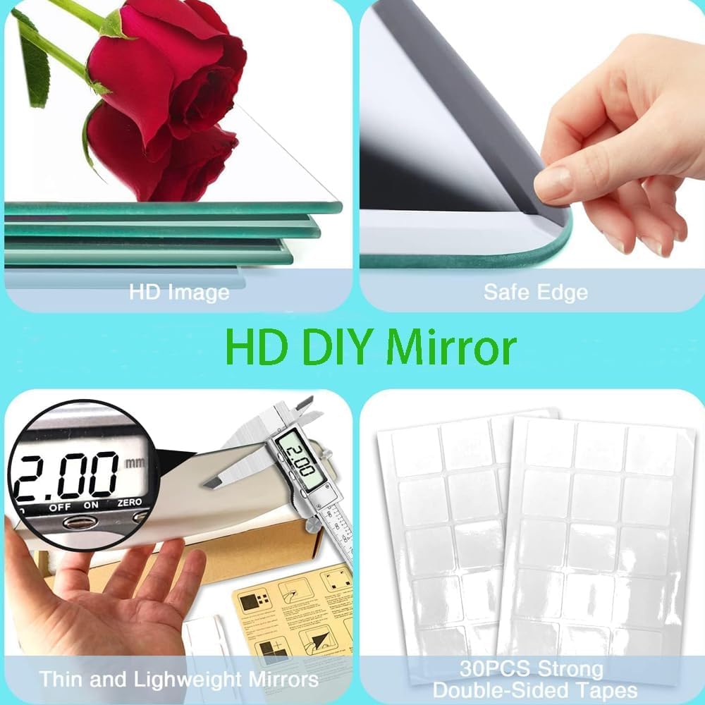 Spiegel 35x35 Klebespiegel Kleben Spiegelfliesen Wall Mirror Selbstklebend Glas HD DIY Wandspiegel Lang Spiegel Kleben Wand für Küche, Wohn und Badezimmer Schlafzimmer (35x35cm, 4 Stück 07)