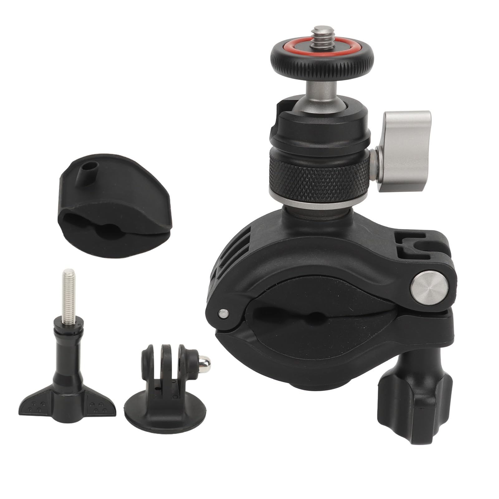 Abrazadera de Montaje para Cámara de Motocicleta, Rotación de 360°, Antivibración con Adaptador de 1/4 de Pulgada, Lente Estabilizadora, Arandelas Extraíbles, Bloqueo de Tornillo