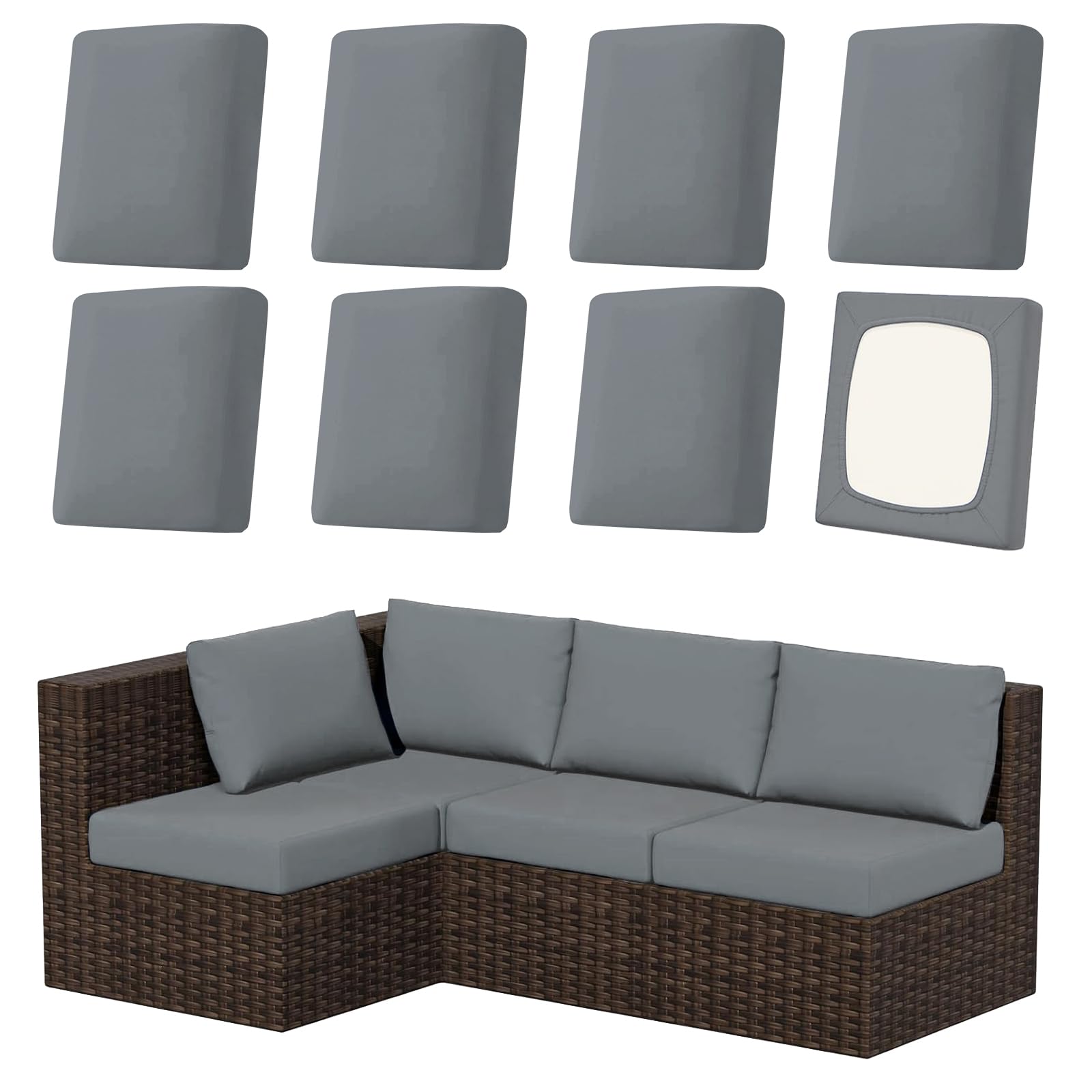 SK Studio 8Pcs Outdoor Cushion Covers Waterproof, Stretch Cushion Covers Replacement for Patio, Sofa Couch Furniture Protector Slipcovers Set, Grey