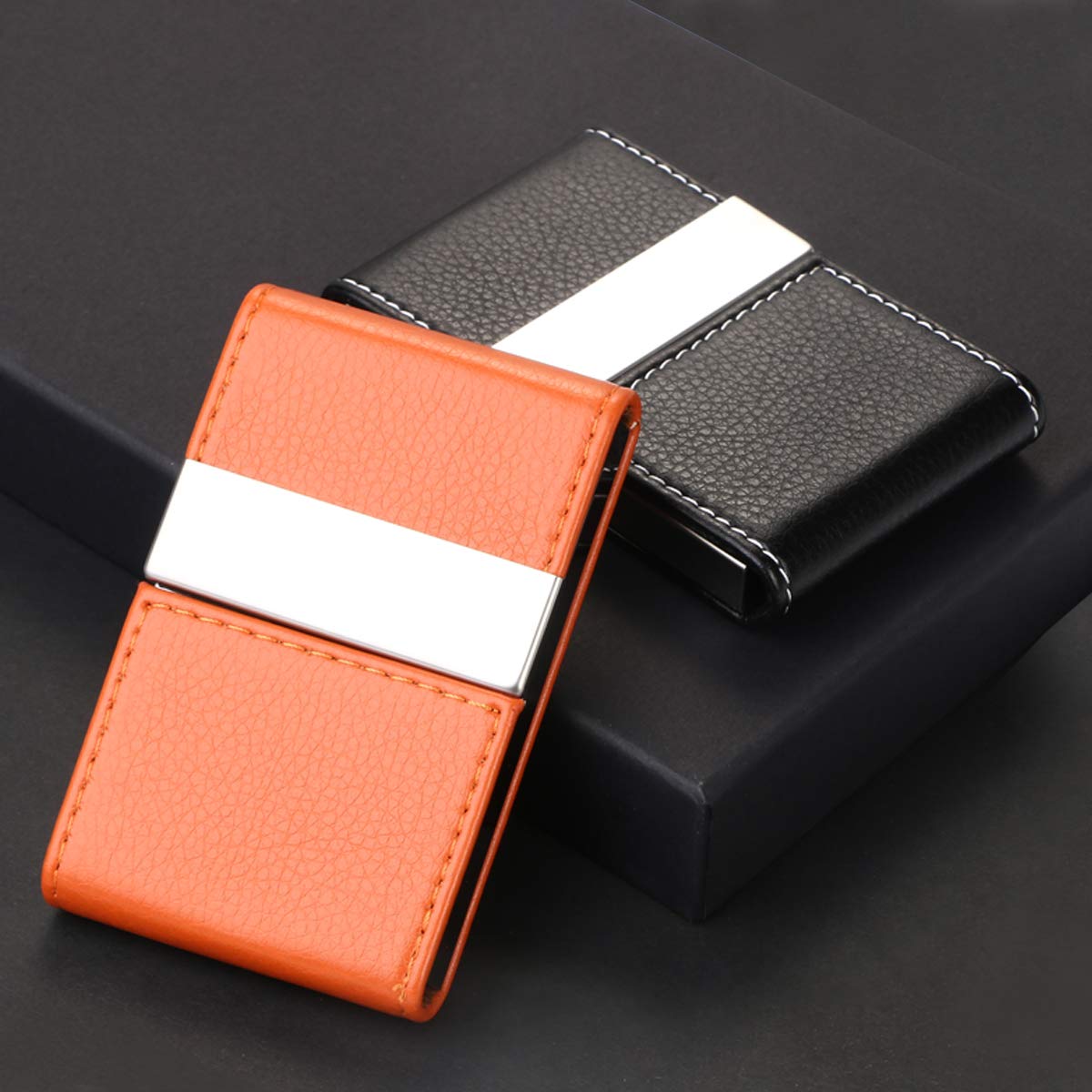 flintronic Etui na wizytówki, etui na karty kredytowe ze skóry PU, smukłe etui na dowód osobisty ze stali nierdzewnej dla mężczyzn/kobiet, podwójnie otwierana klamra magnetyczna, utrzymuje wizytówki w