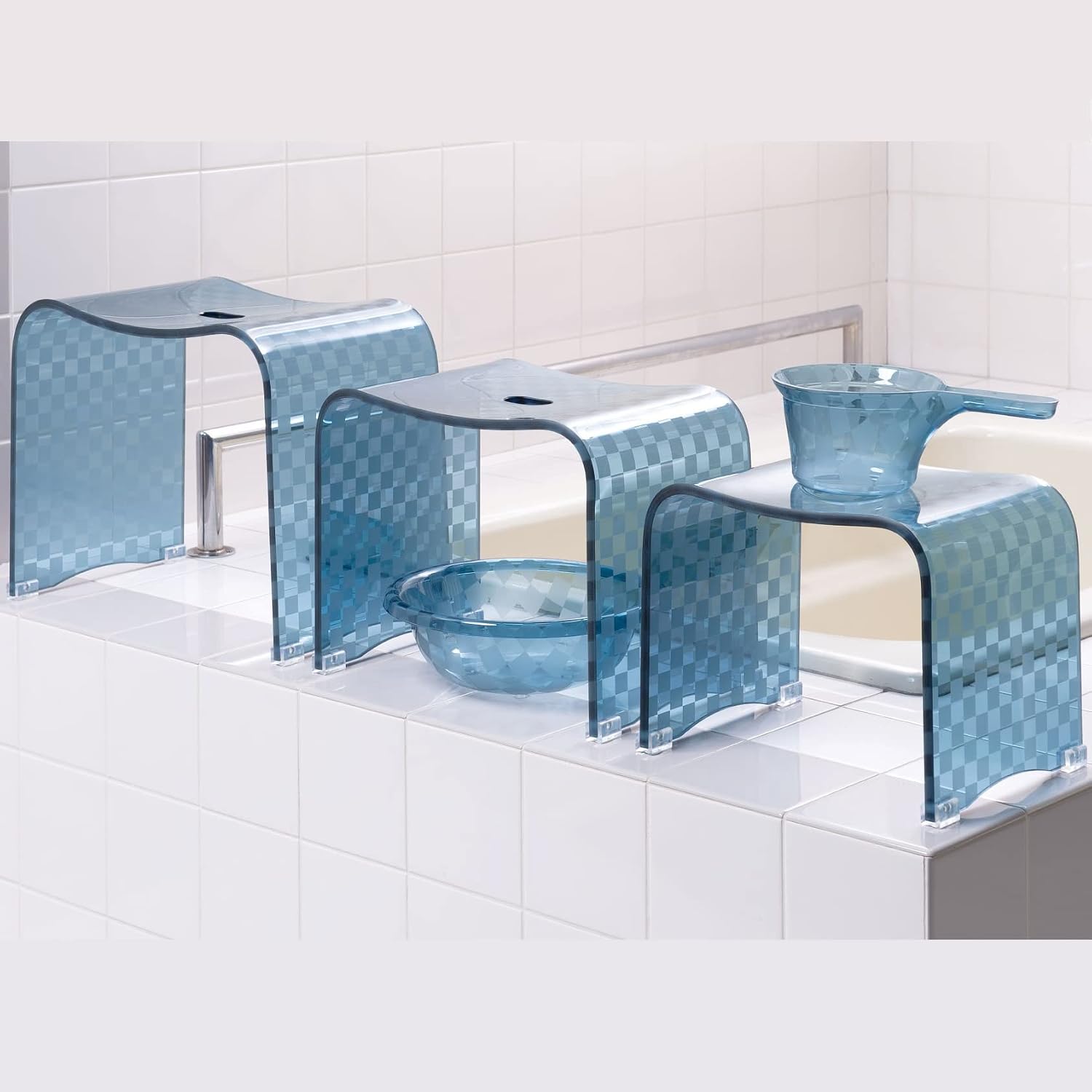 Senko 65956 Checker, Hand Barrel, Handle, Washbasin, Approx. 5.9 x 10.8 x 4.1 inches (15 x 27.5 x 10.3 cm), Blue Gray, Modern Checkered Design
