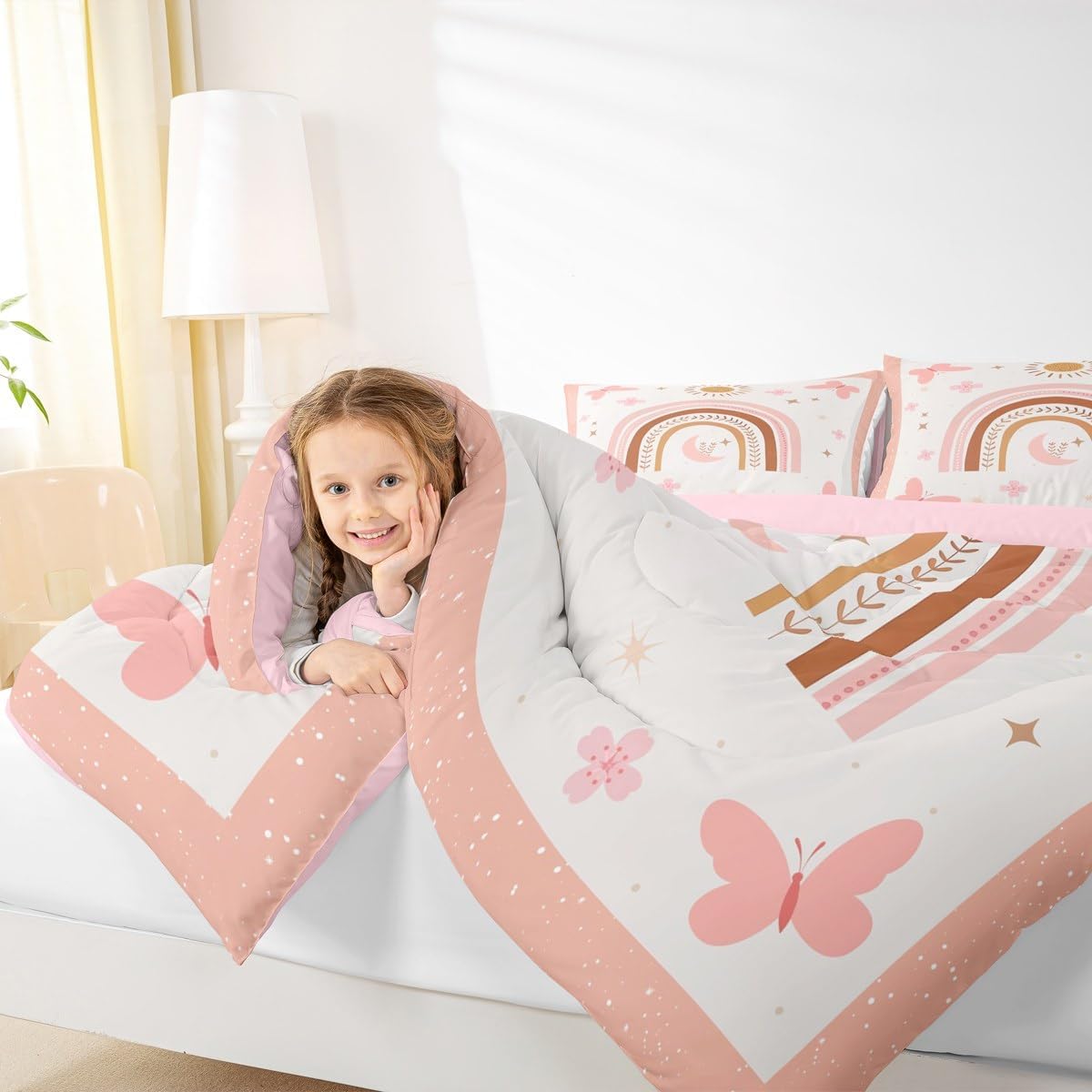 Pink Rainbow Comforter Set Toddler Size Cute Stripes Bedding Set for Boys Girls Kids Nursery Duvet Insert Breathable Butterfly Sun Quilt Bedroom Decor,1 Comforter with 1 Pillowcase