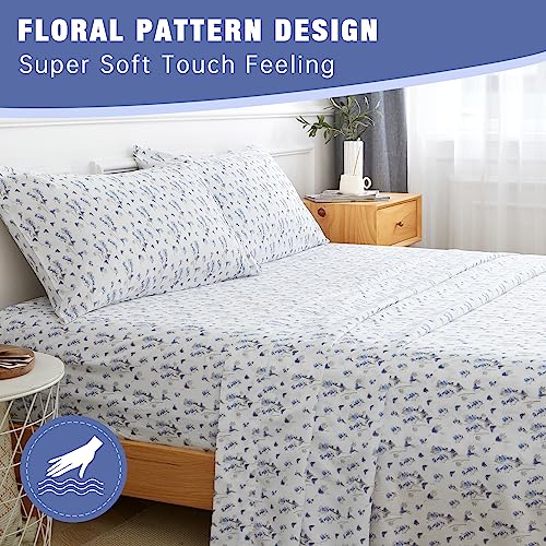 Kacemoo Queen Sheet Set 4Pc Printed Blue Flower Pattern Double Bed Sheets Luxury Cooling Soft Microfiber Floral Sheet Queen With 17” Deep Pocket, Easy Care, Breathable, Wrinkle Free, Machine Washable #TOP1