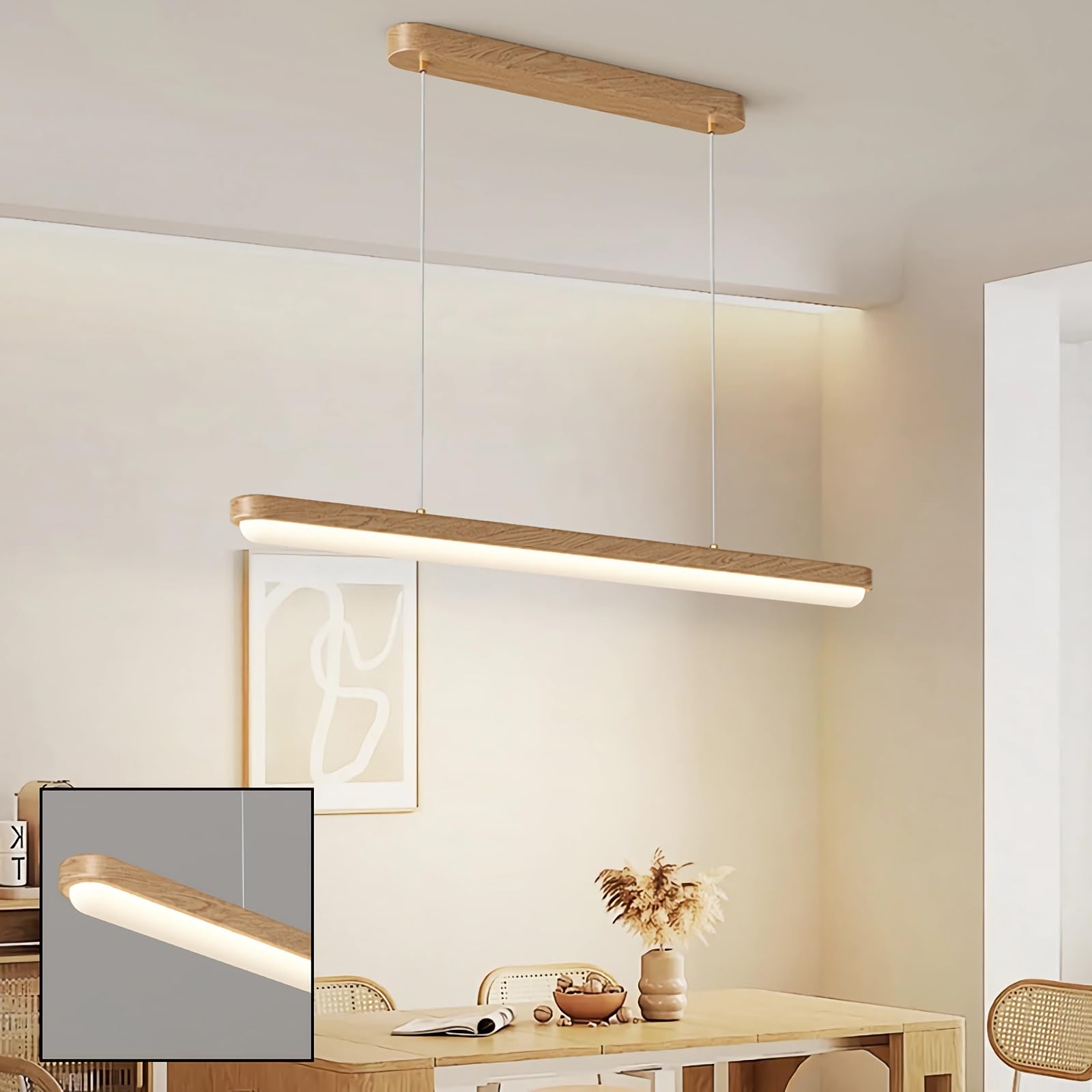 Suspension Bois LED Dimmable Îlot de Cuisine Lustre Linéaire de Salle à Manger avec Télécommande pour Table à Manger Cuisine Bureau Bar Boutique Lampe Suspendue Moderne Réglable En Hauteur (100cm)