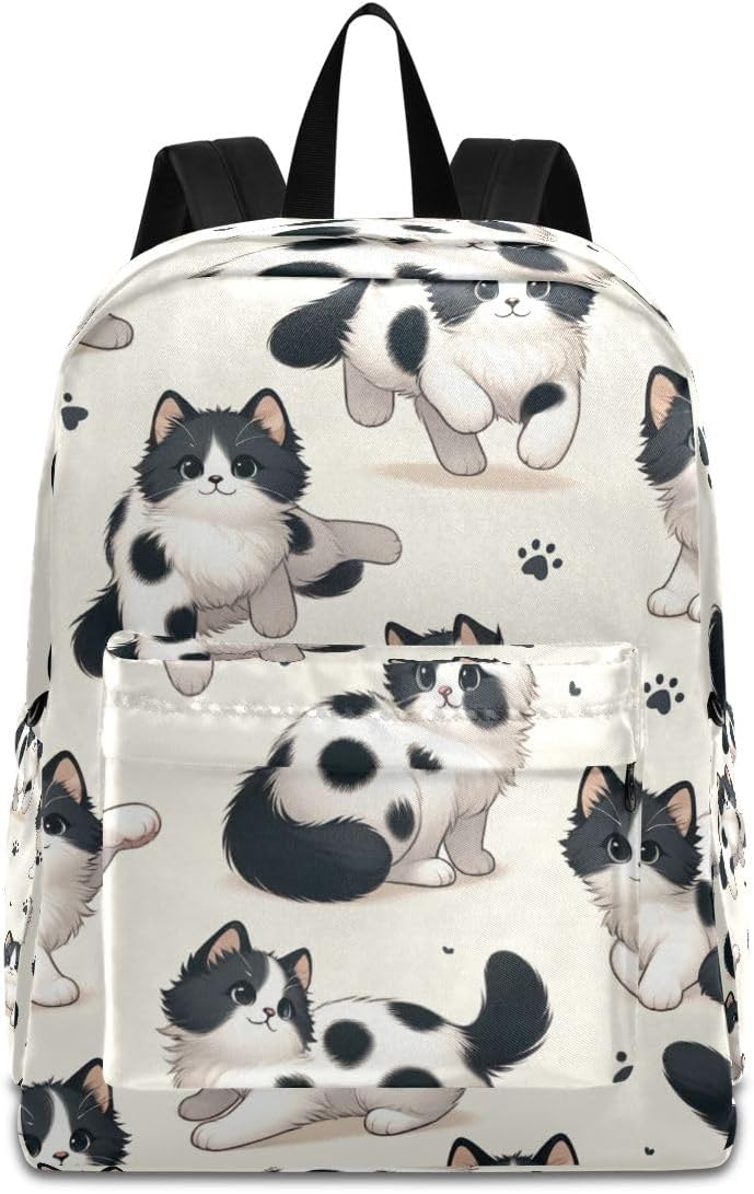 Lovely White Black Cat Backpack, Travel Rucksack Lightweight School Bookbag Daypack for Adults Teen Students Boys Girls