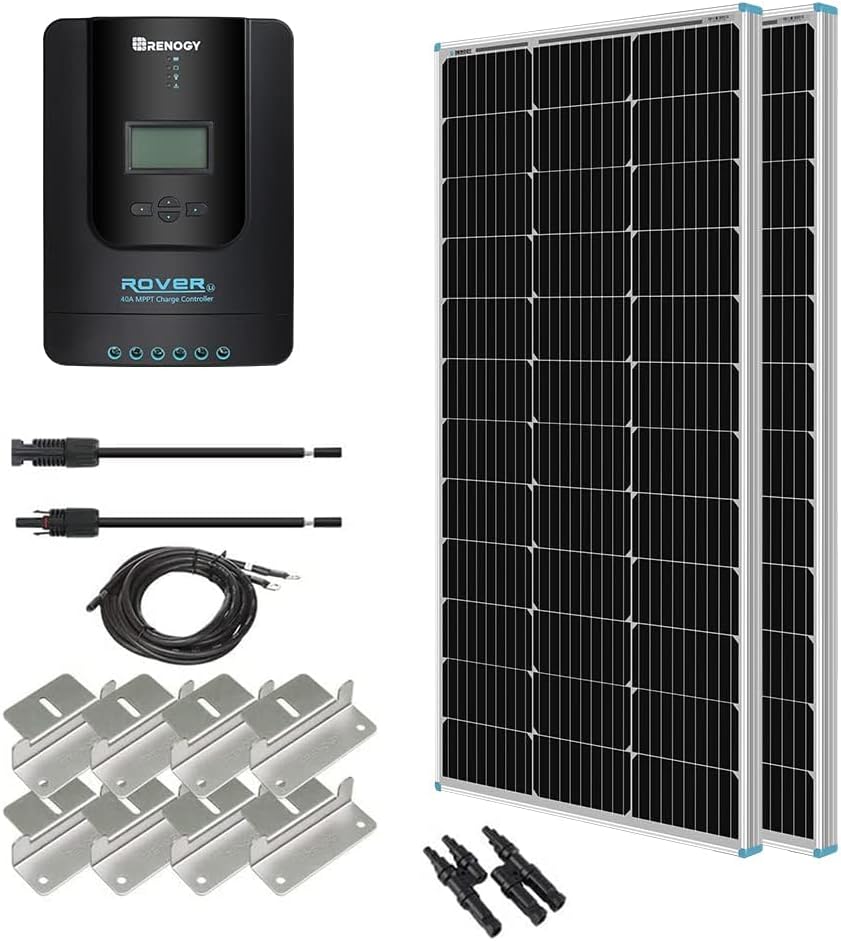Renogy 400 Watt 12 Volt Premium 4 Pcs 100W Panel+40A MPPT Charge Controller+ Bluetooth Module Fuse+ Mounting Z Brackets+Adaptor Kit +Tray Cables Set, 400W, Grid 12V Solar Power System