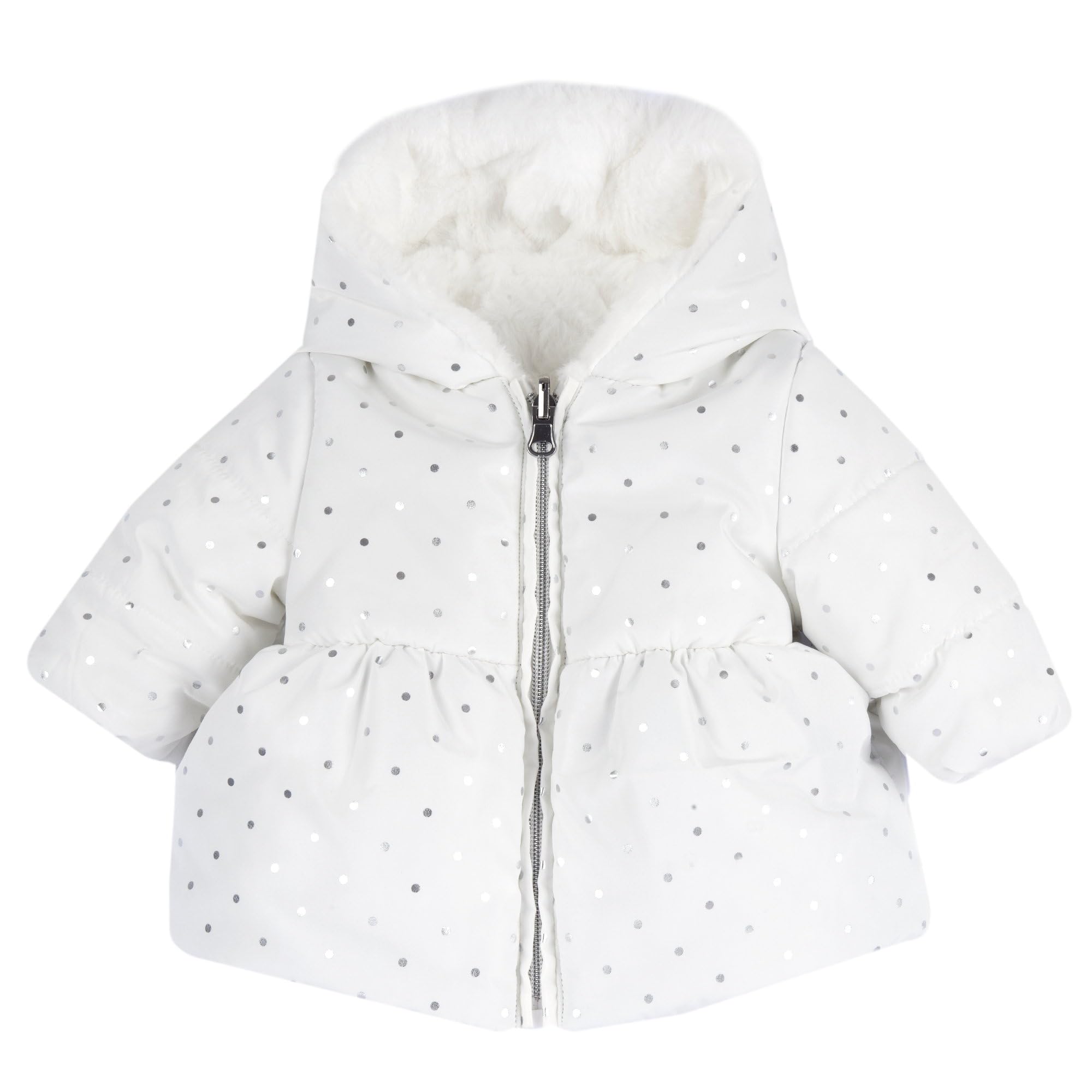Chicco Abrigo reversible de piel para niña 15 meses 80 cm color blanco lunares plata, Color blanco., 12 Months