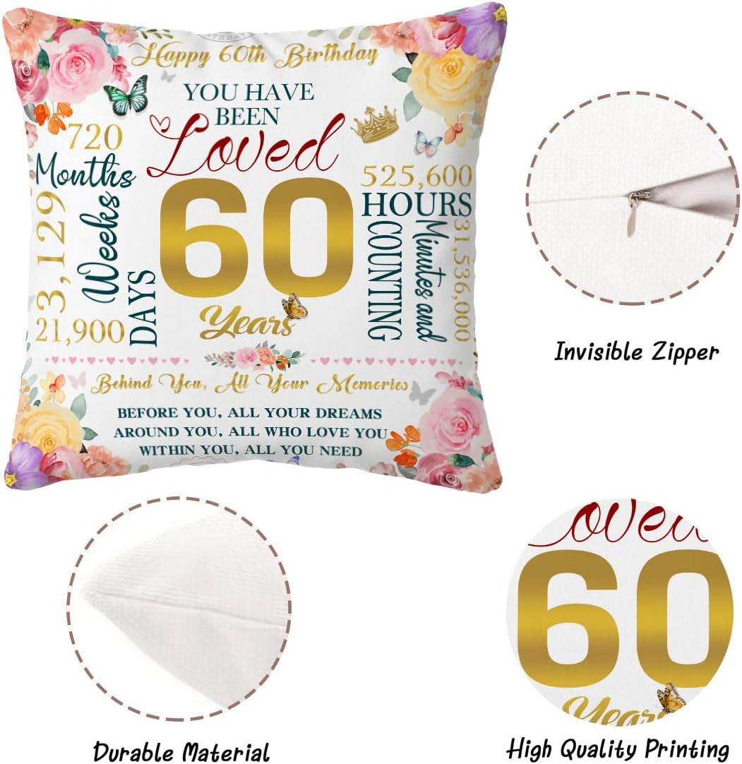 60th Birthday Gifts for Women Throw Pillow Covers 18"x18", Happy 60th Birthday Decorations Gift Ideas, Best Birthday Gifts for Mom Wife Grandma Friend, 60 Year Old Birthday Anniversary Pillowcase image 2