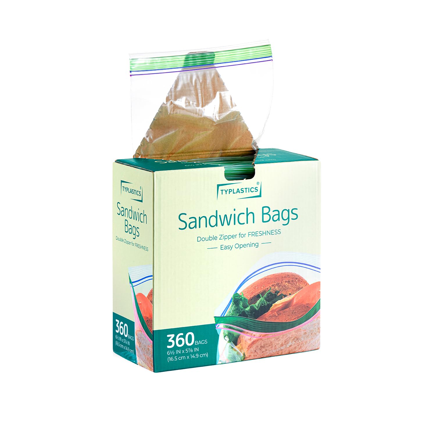 TYPLASTICS Sandwich and Snack Bags, Storage Bags for Food On the Go, Double Zipper for Freshness, Easy Open Design, Reclosable, 360 Count