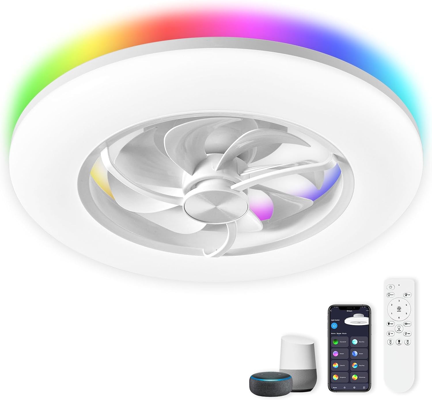 Orison Ceiling Fan with Light- 22.4 in Smart Low Profile Ceiling Fans with Alexa/Google Assistant/App Control 6 Speed Color Changing Ceiling Fan LED-RGB Back Ambient Light