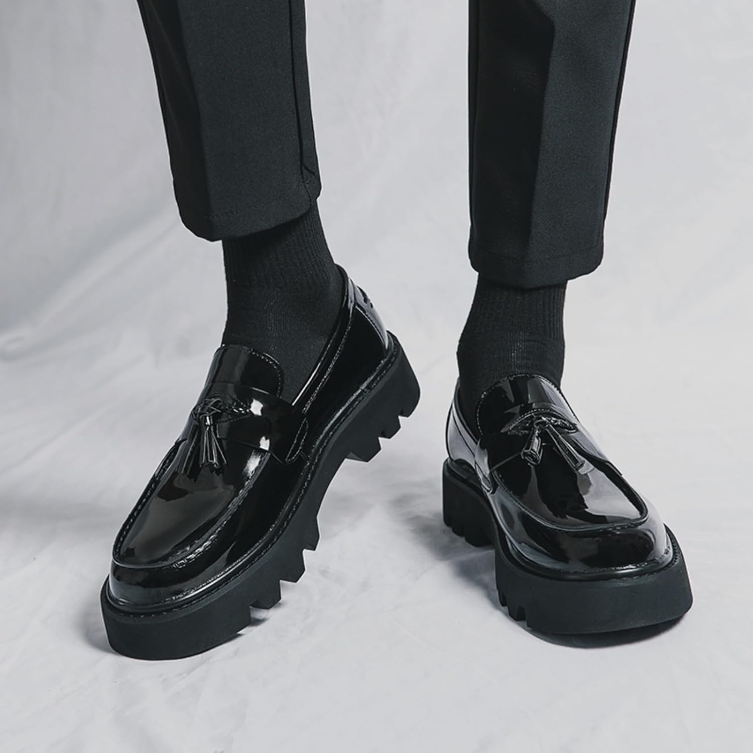 Men's Patent Leather Slip-On Tassel Dress Platform Loafers Casual Non-Slip Penny Formal Shoes Business Party Wedding Prom Moccasins Boat Shoes