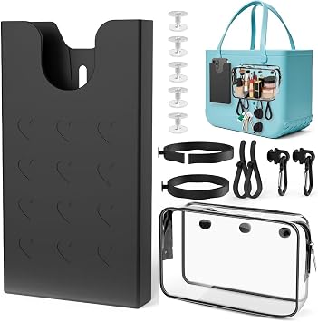 8PCS Accessories for Bogg Bags, Hole Bags Organizer with Phone Holder,Cup Holder & PVC Clear Bags, Hooks and Keychain, Compatible with Original Medium Large Bogg Bag & Other Hole Bag (Black)