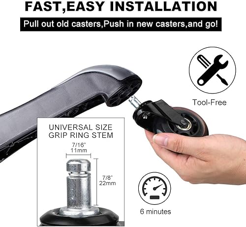 Miniatura 2 de Juego de 5 ruedas para silla de oficina de 3.0in de alta resistencia, ruedas de repuesto con ajuste universal, seguras para suelos de madera,